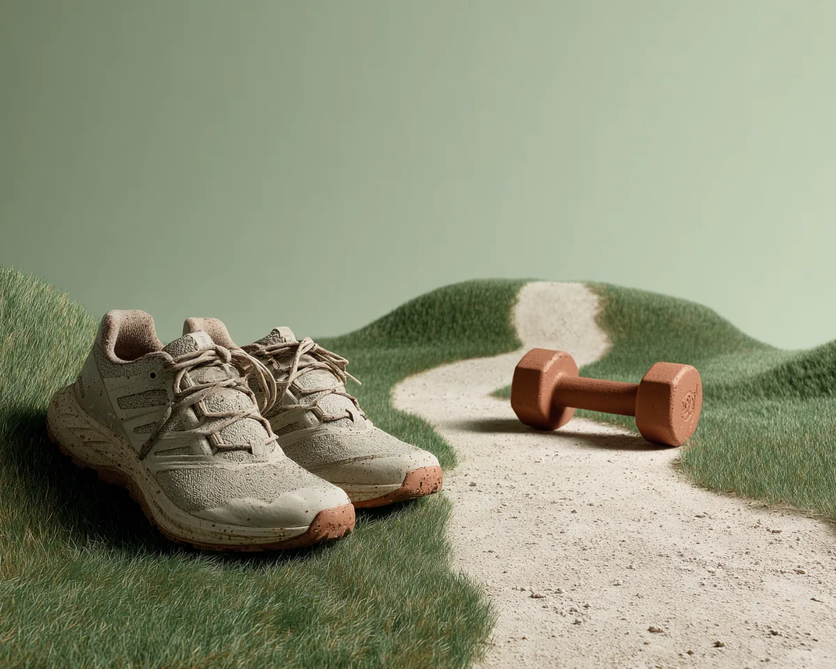 Wandelschoenen op een natuurpad met een achtergelaten halter in het gras