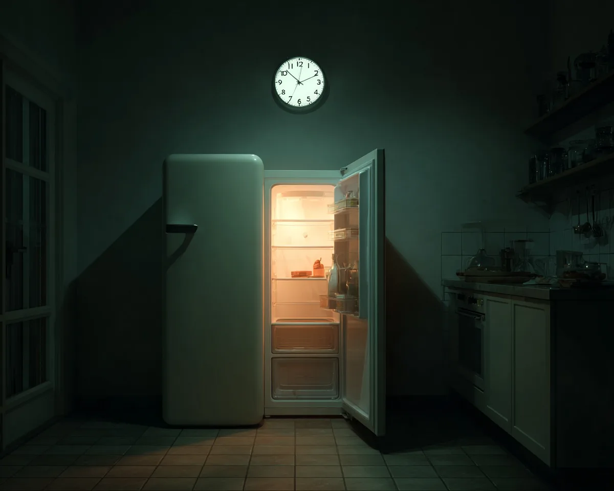 Open verlichte koelkast in een donkere keuken naast een klok die negen uur aanwijst