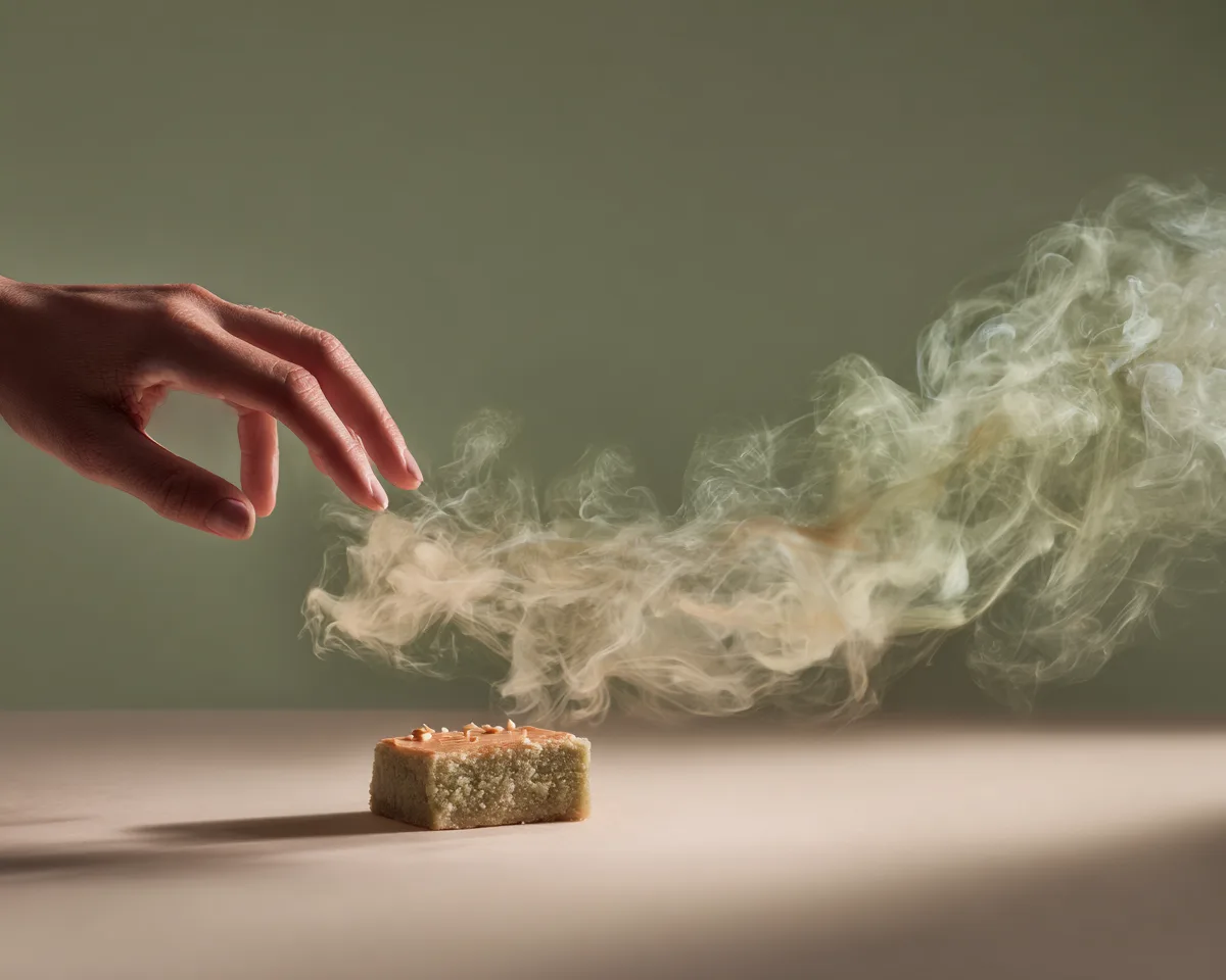 Een verleidelijke snack die in rook opgaat terwijl een hand ernaar reikt