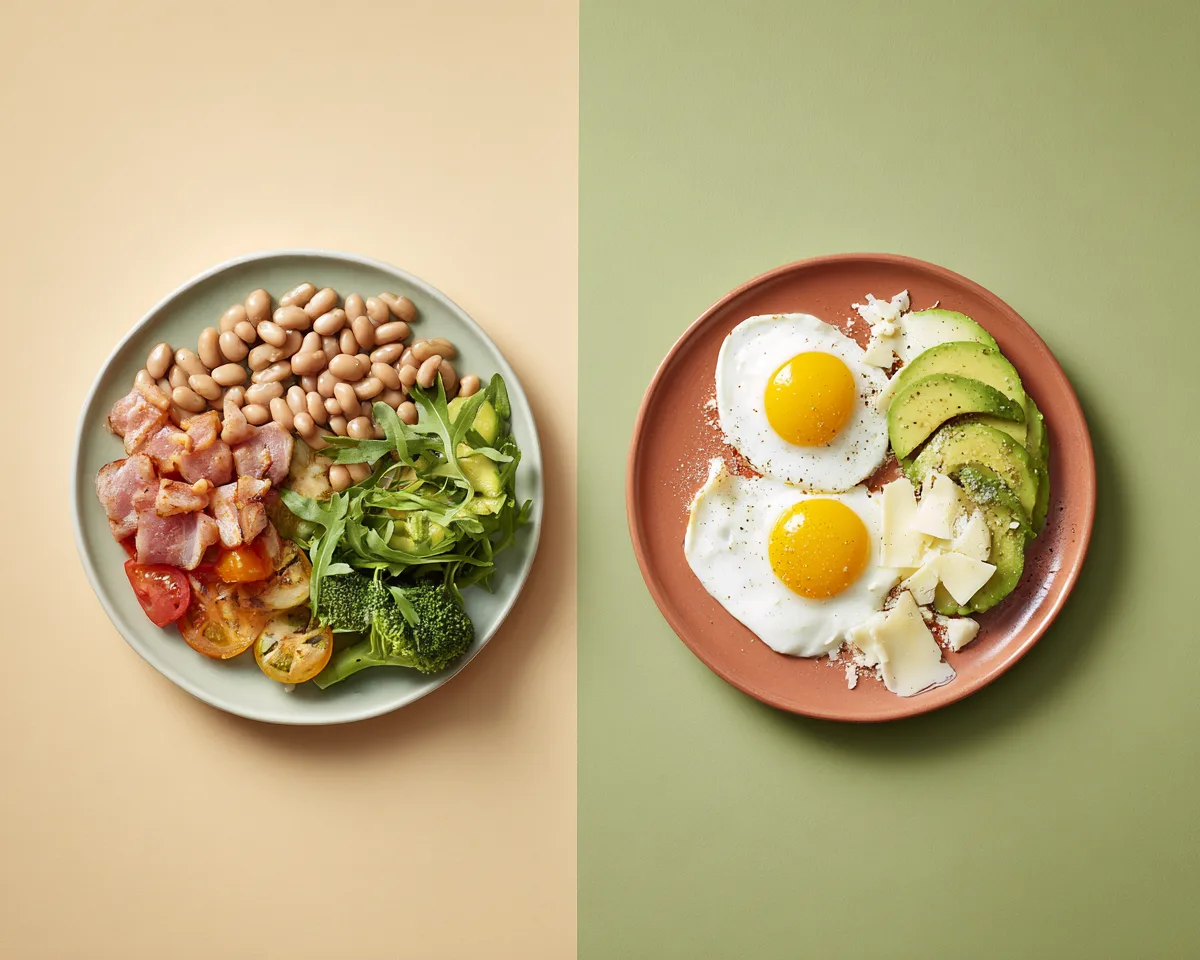 Twee borden naast elkaar: slow-carb met bonen en vlees naast keto met eieren en avocado